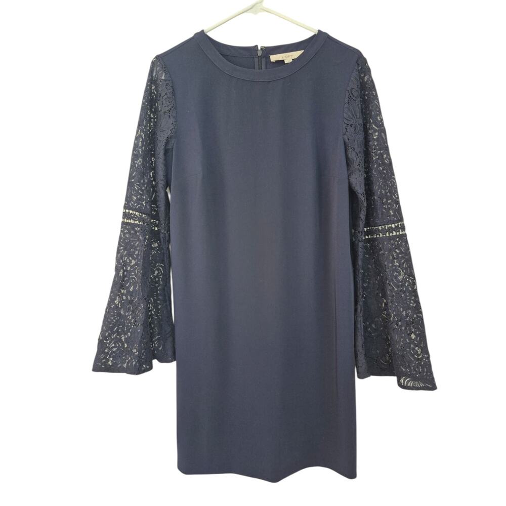 LOFT Dress Sz 6 Navy Shift Sheer Lace Bell Sleeves Cocktail Career Boho Cowgirl